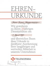 Urkunde 25 Jahre TN Hagenmaier